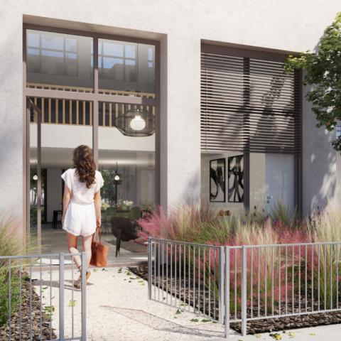 appartement neuf perspective entrée de la résidence ilot jardin à lyon